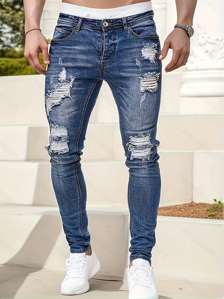 Men's Slim Fit Jeans | Distressed & Washed | Medium Stretch | Classic Denim