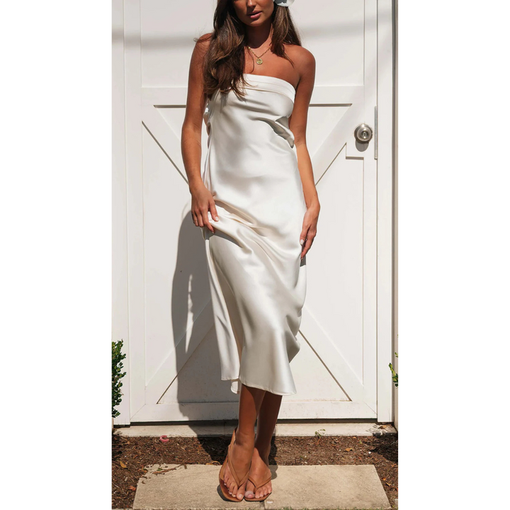 Women's Dress | Fitted & Silky Satin | Party & Dinner | Elegant Off-Shoulder