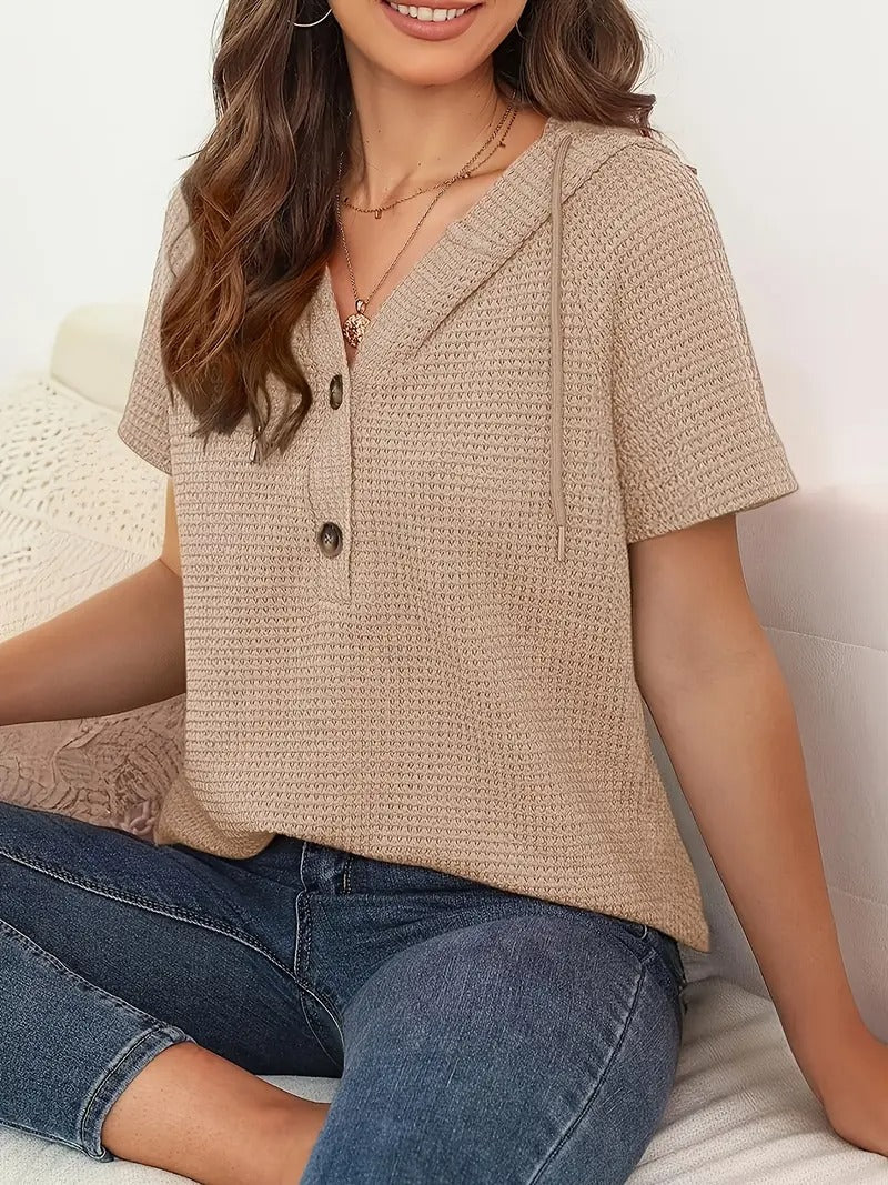 Women's Short Sleeve Hoodie Top | Lacing & Button Details | Summer Casual Look