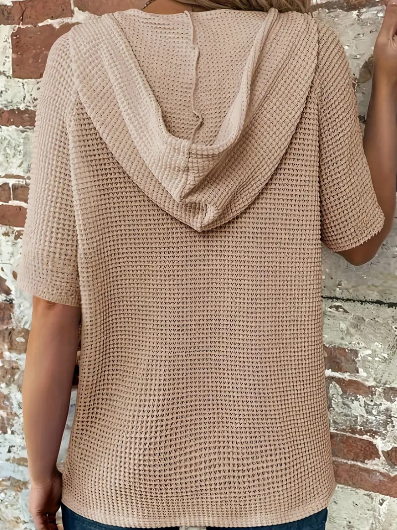 Women's Short Sleeve Hoodie Top | Lacing & Button Details | Summer Casual Look