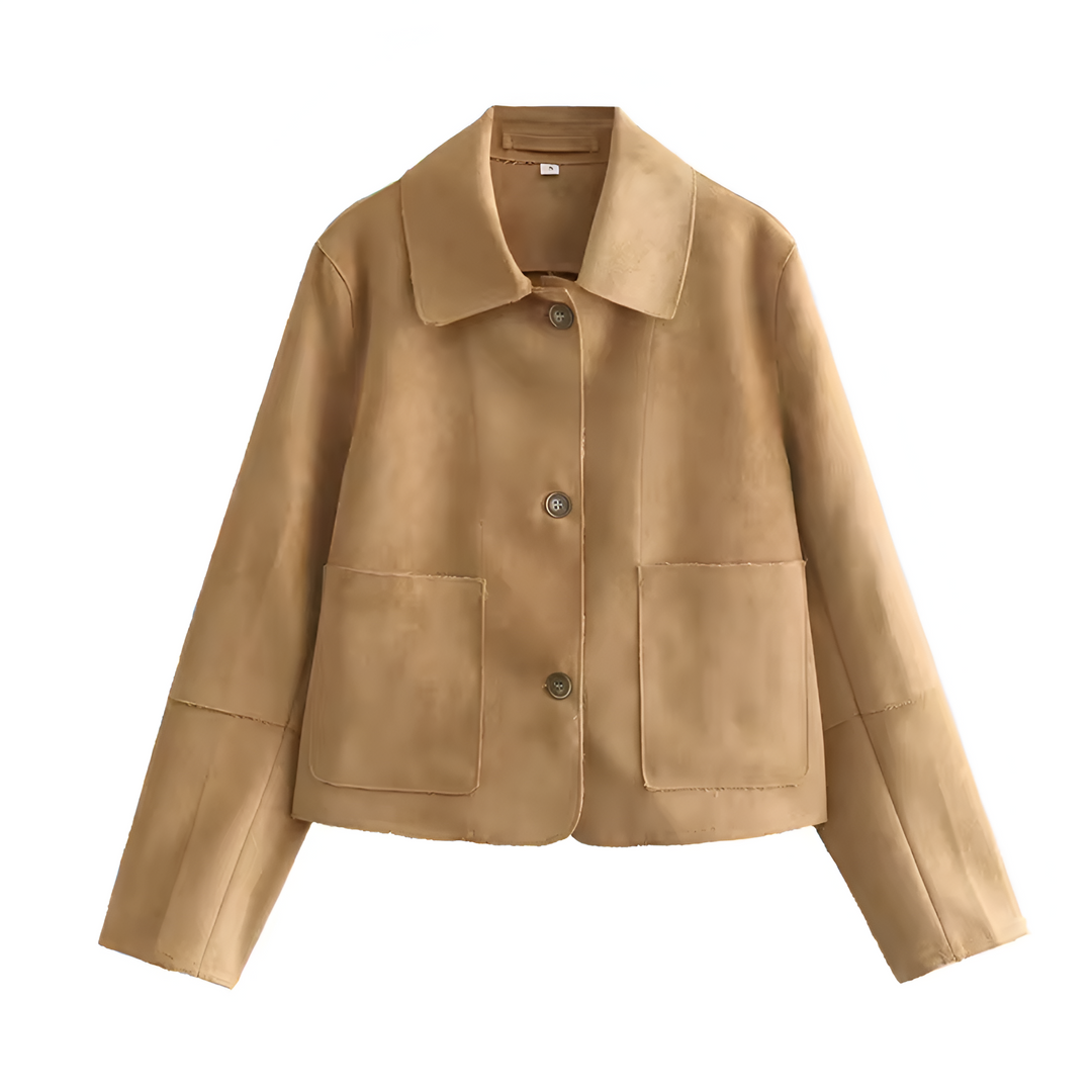 Ladies' Jacket | Short Model in Suede-Like Fabric | Button Closure & Double Pockets | Solid Colour