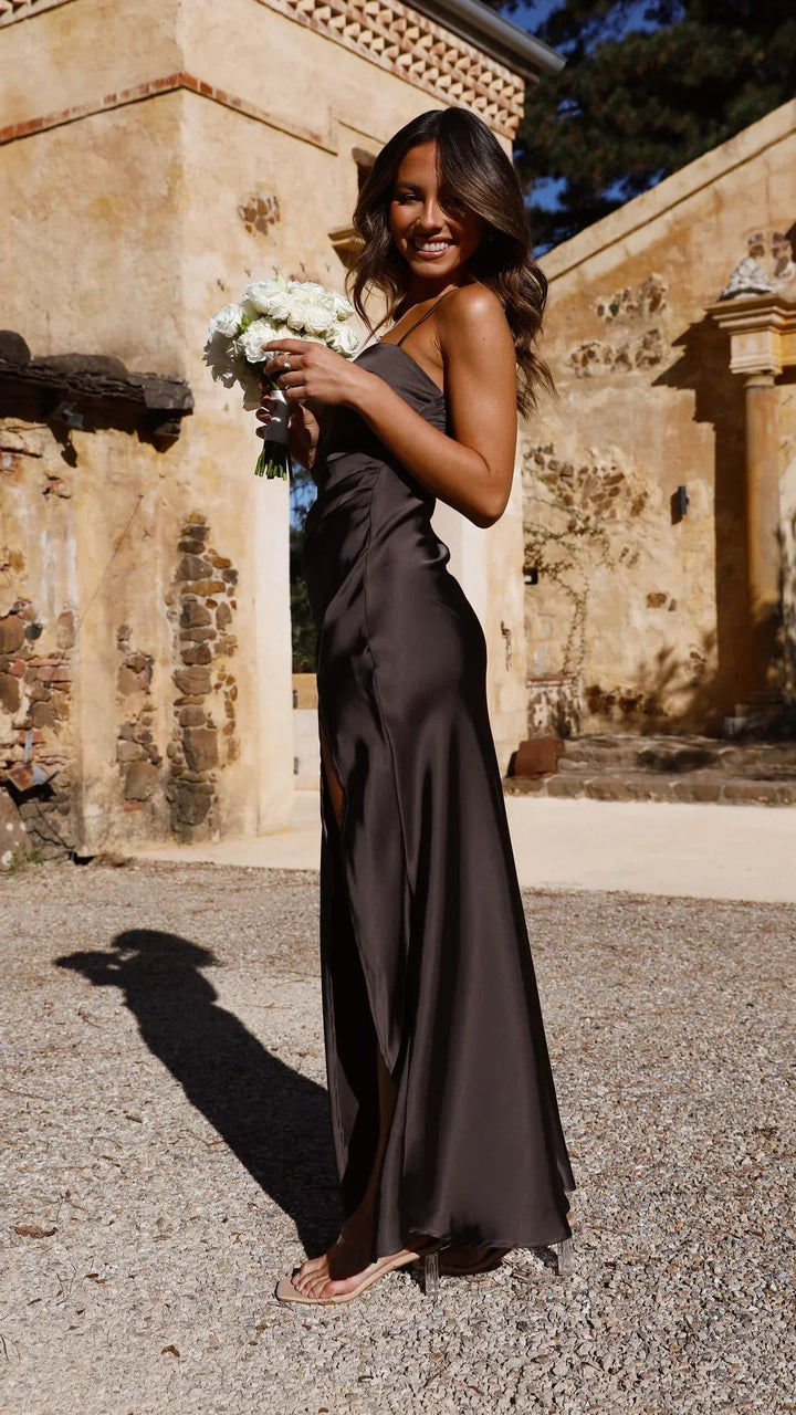 Women's Slip Dress | Satin Look & Straight Neckline | Side Slit | Elegant & Lightweight