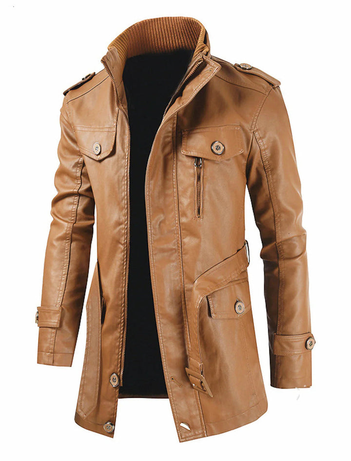 Men’s Winter Coat | PU Leather | Long Fit with Pockets | Casual & Business