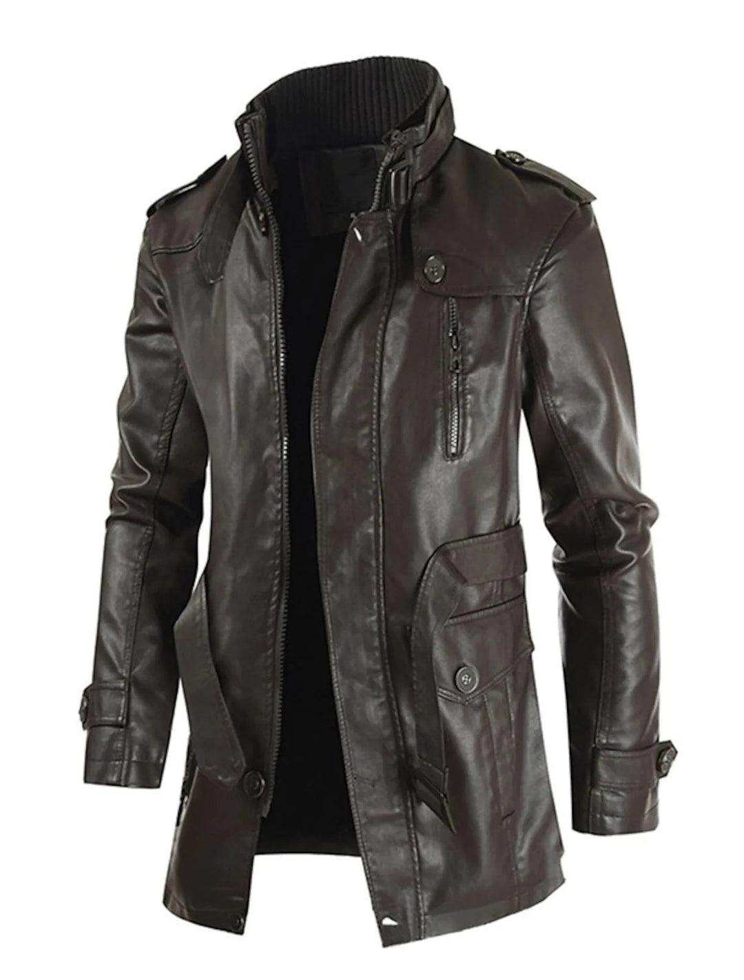 Men’s Winter Coat | PU Leather | Long Fit with Pockets | Casual & Business