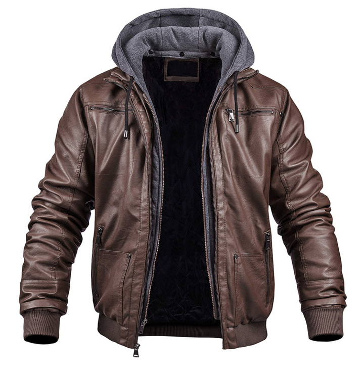 Men’s Moto Jacket | PU Leather & Hood | Slim Fit Windbreaker | Fleece-Lined for Winter