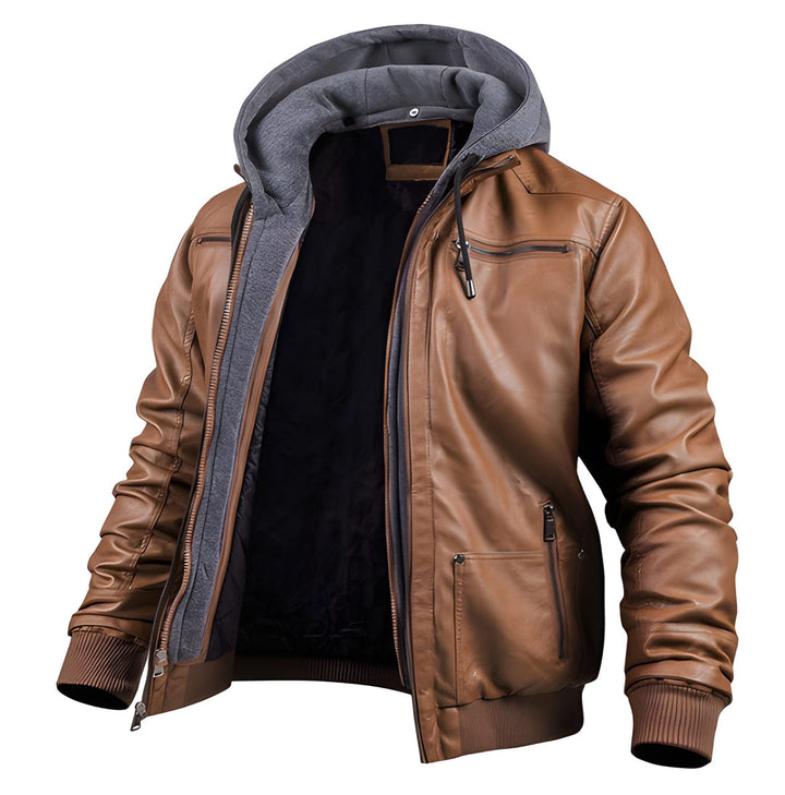 Men’s Moto Jacket | PU Leather & Hood | Slim Fit Windbreaker | Fleece-Lined for Winter