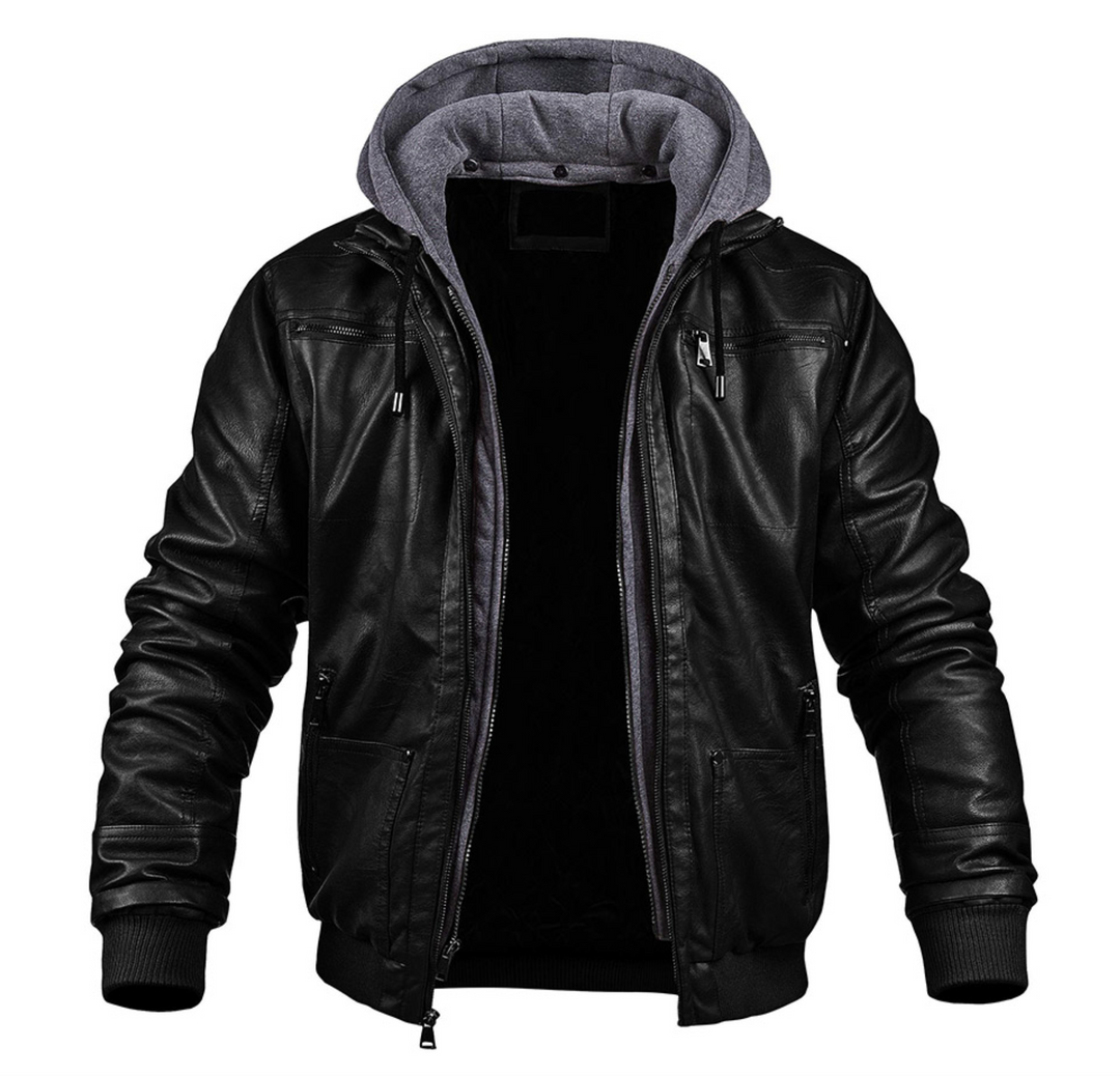 Men’s Moto Jacket | PU Leather & Hood | Slim Fit Windbreaker | Fleece-Lined for Winter