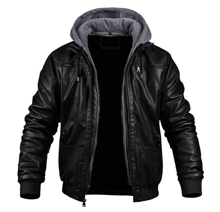 Men’s Moto Jacket | PU Leather & Hood | Slim Fit Windbreaker | Fleece-Lined for Winter