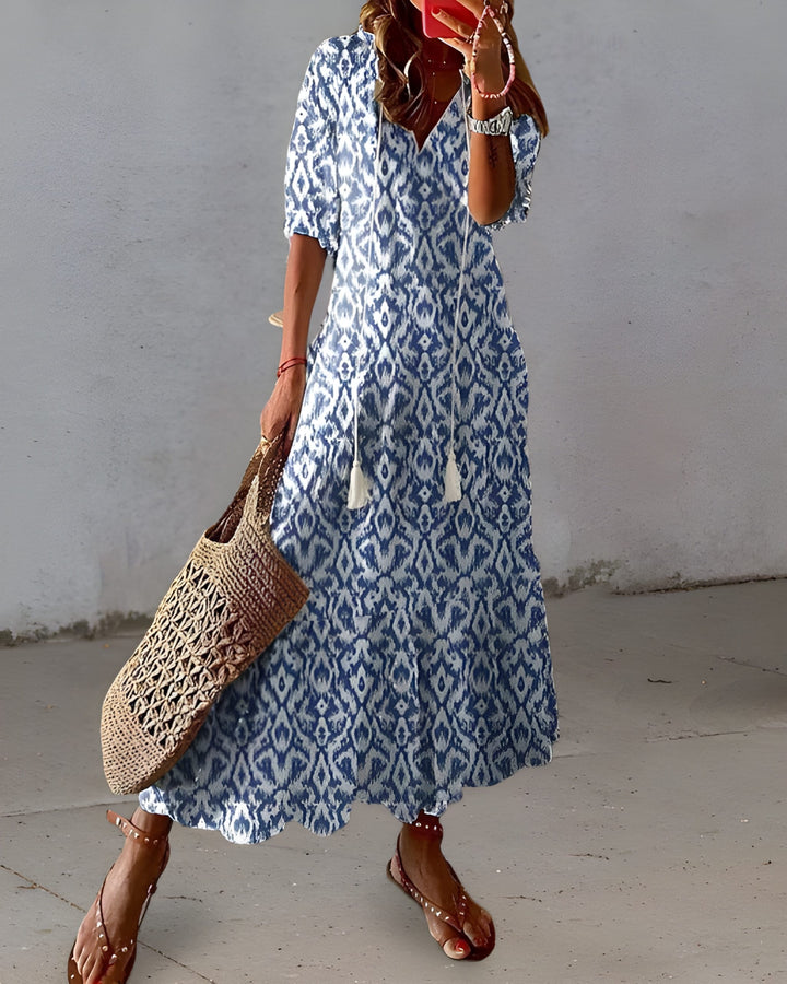 Women's Maxi Dress | Elegant V-Neck A-Line | Printed Design & Flattering Fit | Polyester/Elastane