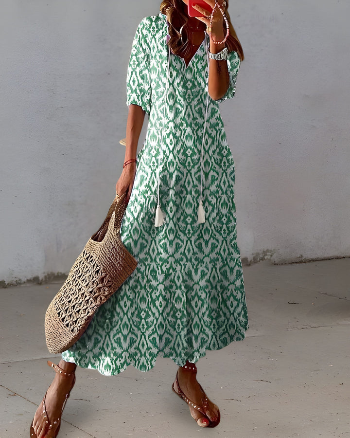 Women's Maxi Dress | Elegant V-Neck A-Line | Printed Design & Flattering Fit | Polyester/Elastane
