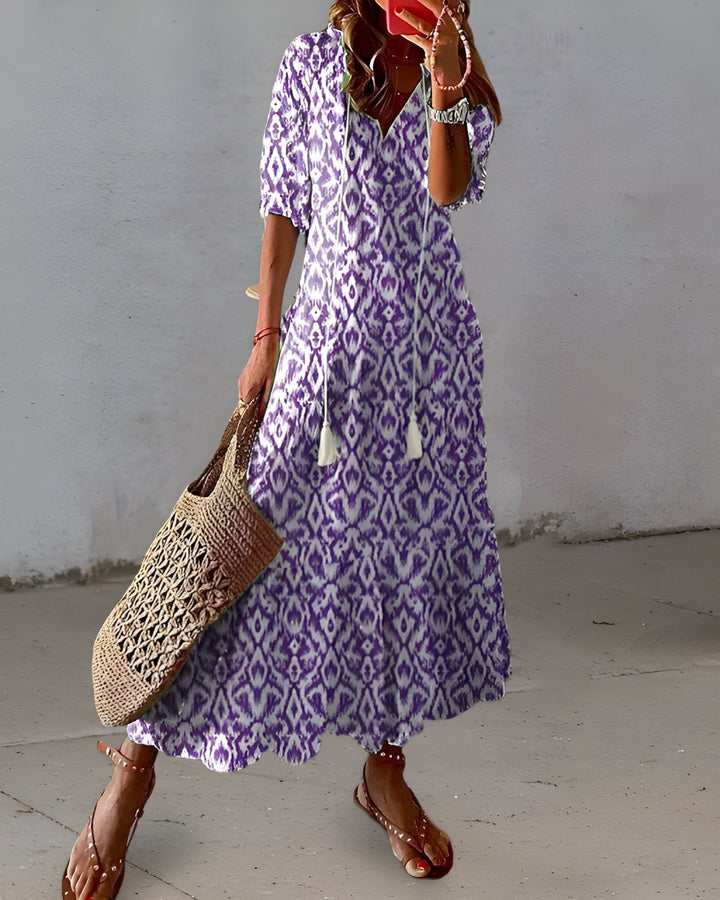 Women's Maxi Dress | Elegant V-Neck A-Line | Printed Design & Flattering Fit | Polyester/Elastane