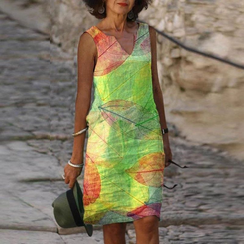 Women's Dress | Sleeveless & Autumn-Inspired | Vibrant Leaf Print | Polyester