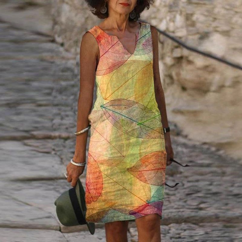 Women's Dress | Sleeveless & Autumn-Inspired | Vibrant Leaf Print | Polyester