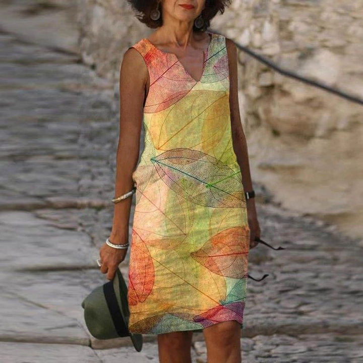 Women's Dress | Sleeveless & Autumn-Inspired | Vibrant Leaf Print | Polyester