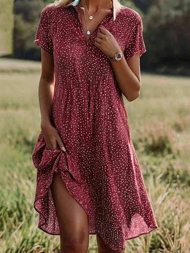 Women's Dress | Polka Dot & Knee-Length | V-Neck with Lapel |  Polyester Blend