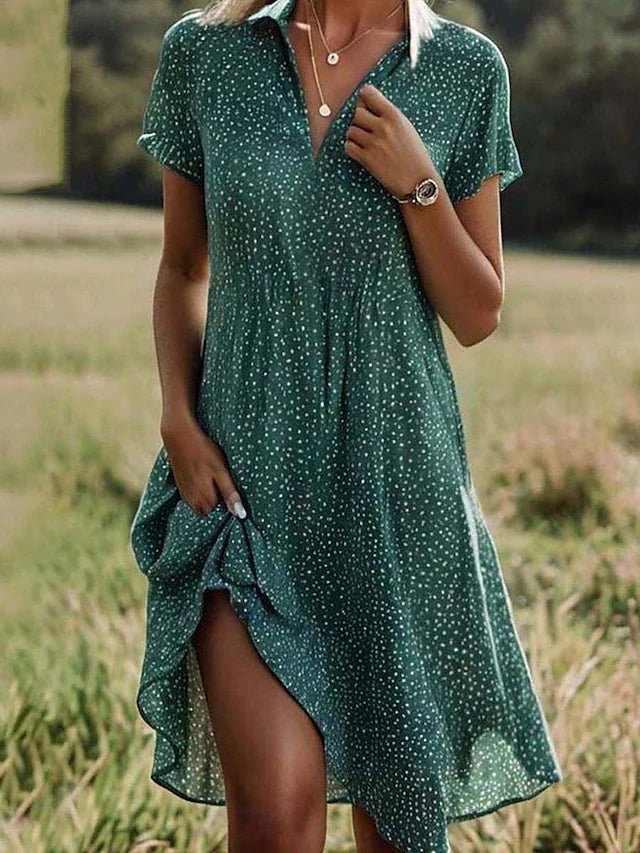 Women's Dress | Polka Dot & Knee-Length | V-Neck with Lapel |  Polyester Blend
