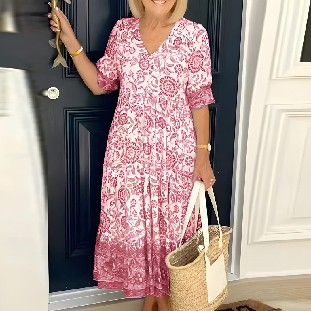 Bohemian Maxi Dress | V-Neck & Floral Print | Relaxed Fit | Lightweight & Breathable | Polyester