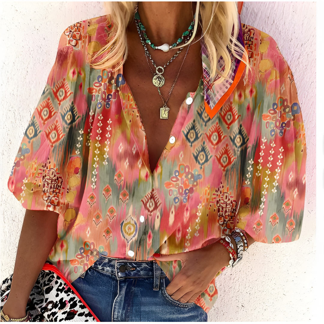 Women's Blouse | Elegant V-Neck with Print | Comfortable & Office-Ready | Polyester