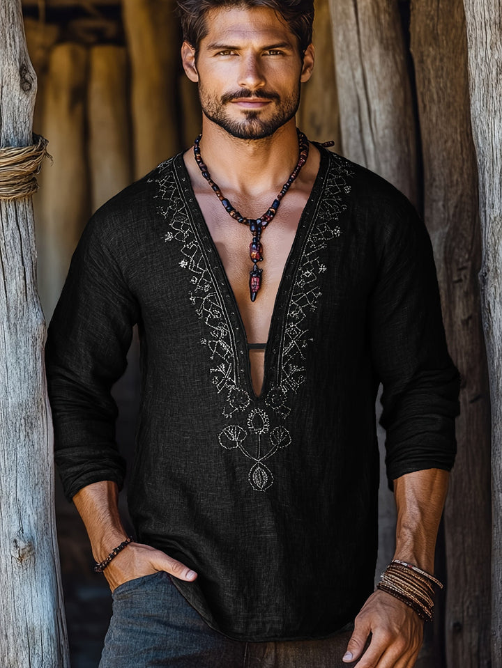 Men's Summer Shirt | Deep V-Neck & Floral Embroidery | Breathable Cotton