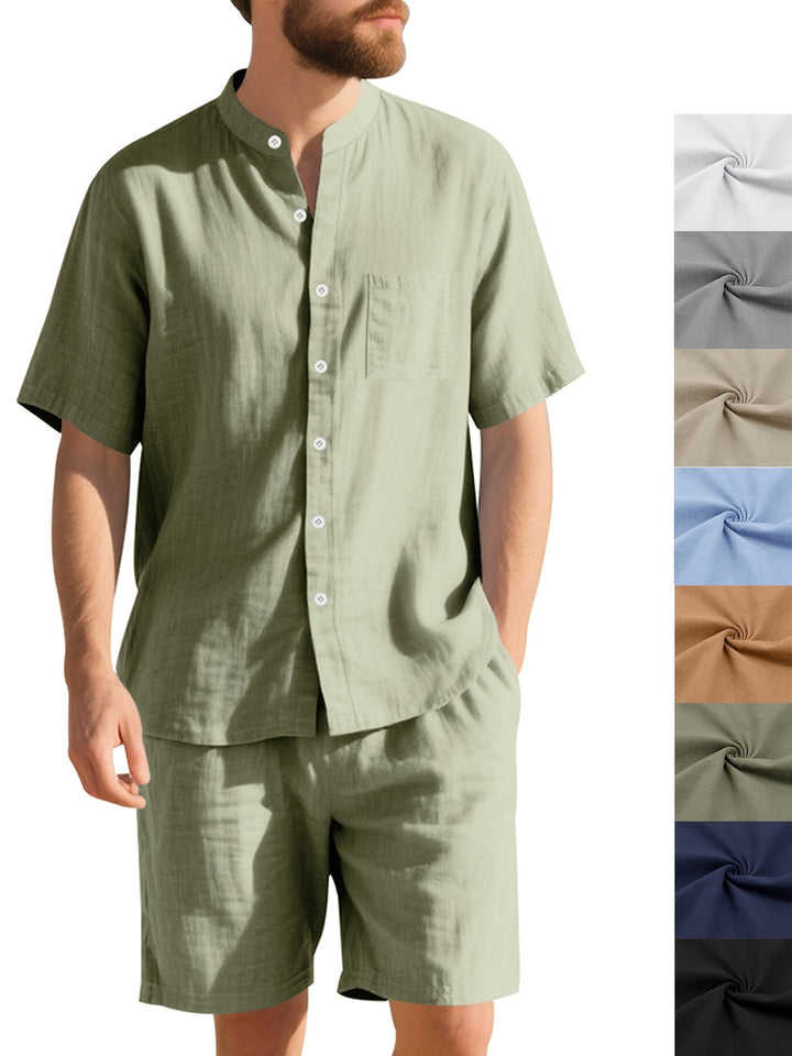 Men’s Linen Summer Set | Henley Collar & Shorts | Breathable & Sweat-Absorbent | Solid Beach Style