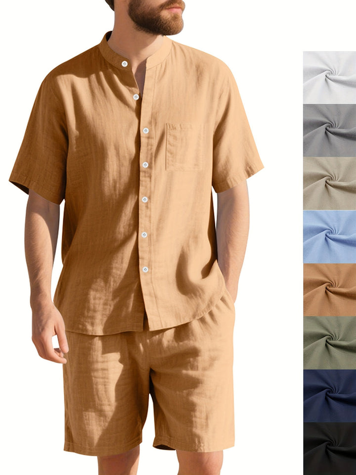Men’s Linen Summer Set | Henley Collar & Shorts | Breathable & Sweat-Absorbent | Solid Beach Style
