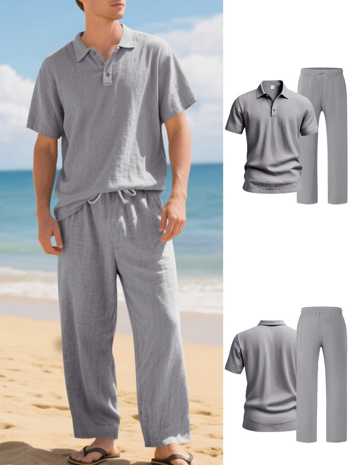 Men’s Linen Set | Polo Shirt & Pants | Breathable & Loose Fit | Casual Two-Piece Beach Outfit