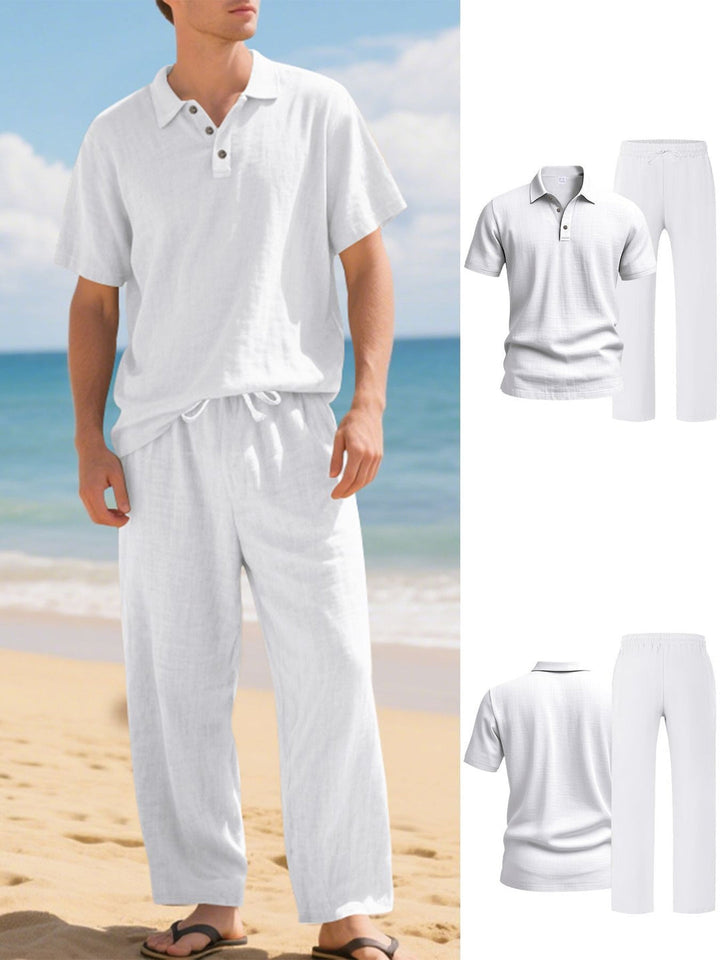 Men’s Linen Set | Polo Shirt & Pants | Breathable & Loose Fit | Casual Two-Piece Beach Outfit