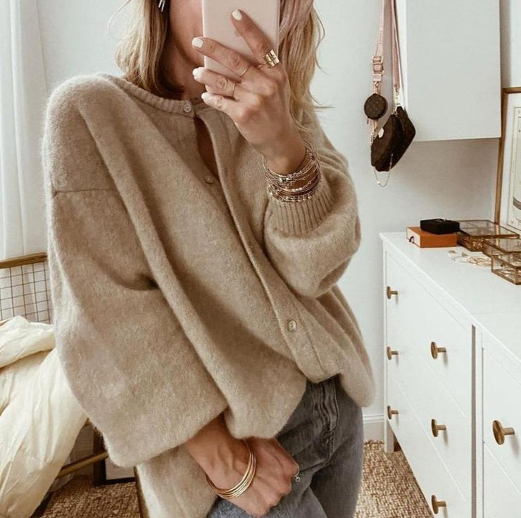 Women’s Cardigan | Ribbed Collar & Voluminous Sleeves | Stylish Buttons | Polyester Fiber