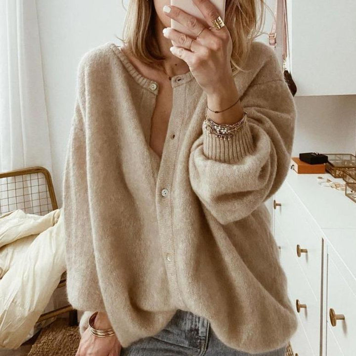 Women’s Cardigan | Ribbed Collar & Voluminous Sleeves | Stylish Buttons | Polyester Fiber