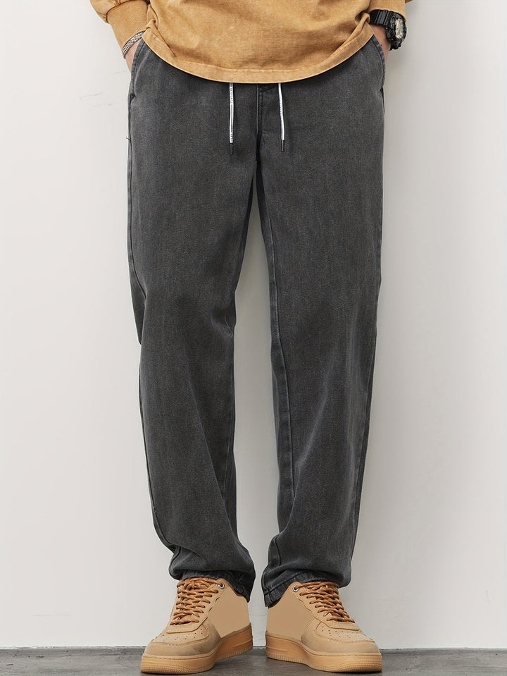Men's Denim Pants | Washed Look with Pockets | Drawstring & Straight Leg | Casual & Outdoor