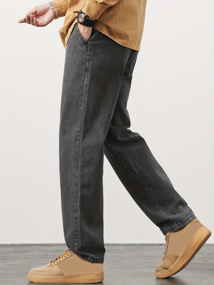 Men's Denim Pants | Washed Look with Pockets | Drawstring & Straight Leg | Casual & Outdoor