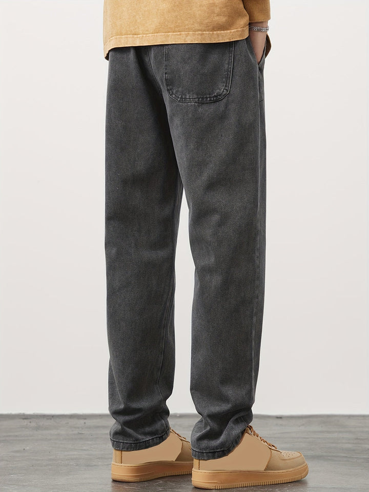 Men's Denim Pants | Washed Look with Pockets | Drawstring & Straight Leg | Casual & Outdoor