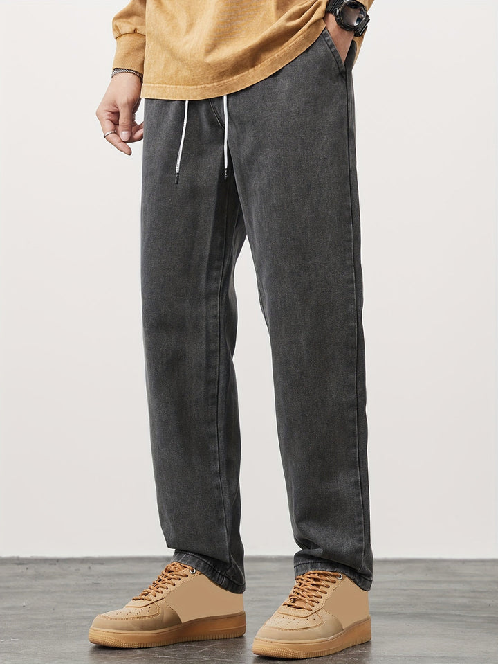 Men's Denim Pants | Washed Look with Pockets | Drawstring & Straight Leg | Casual & Outdoor