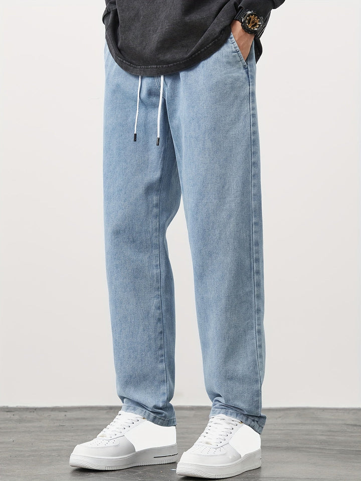 Men's Denim Pants | Washed Look with Pockets | Drawstring & Straight Leg | Casual & Outdoor