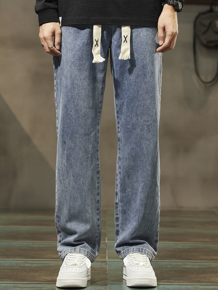 Men's Denim Pants | Washed Look & Drawstring | Straight Leg with Pockets | Casual