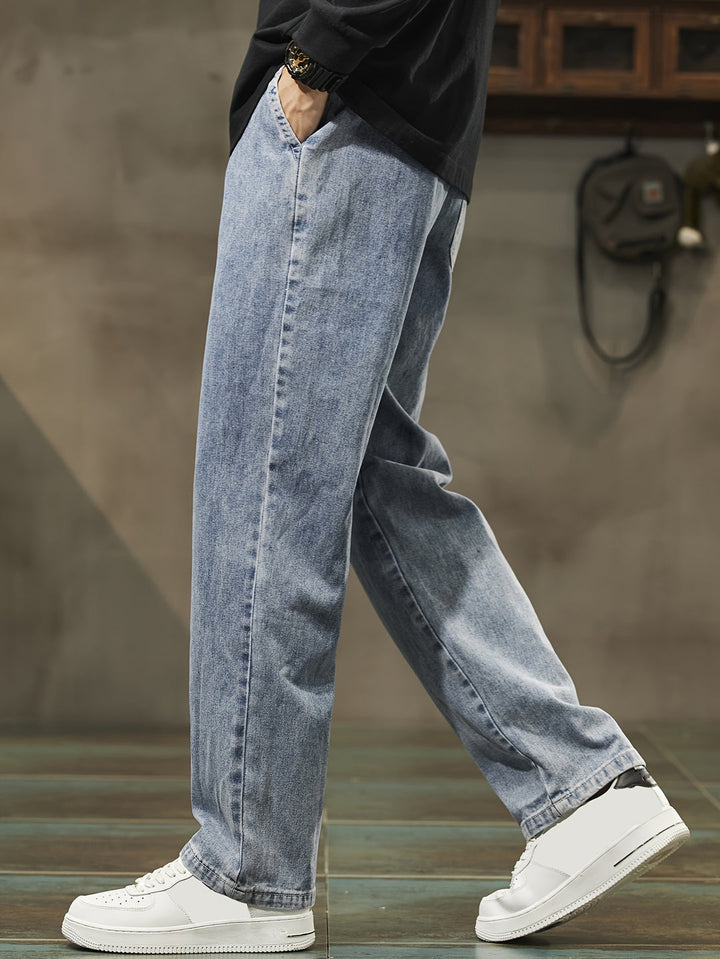 Men's Denim Pants | Washed Look & Drawstring | Straight Leg with Pockets | Casual