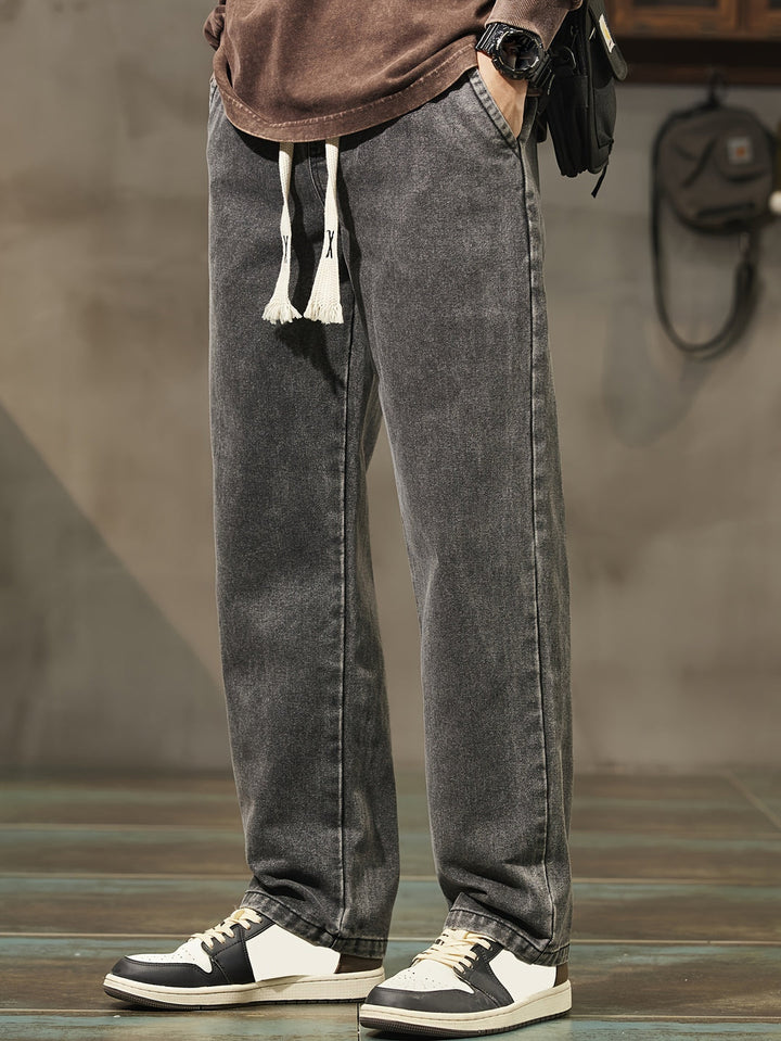 Men's Denim Pants | Washed Look & Drawstring | Straight Leg with Pockets | Casual