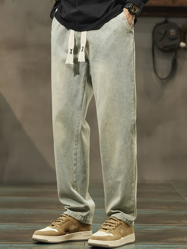 Men's Denim Pants | Washed Look & Drawstring | Straight Leg with Pockets | Casual