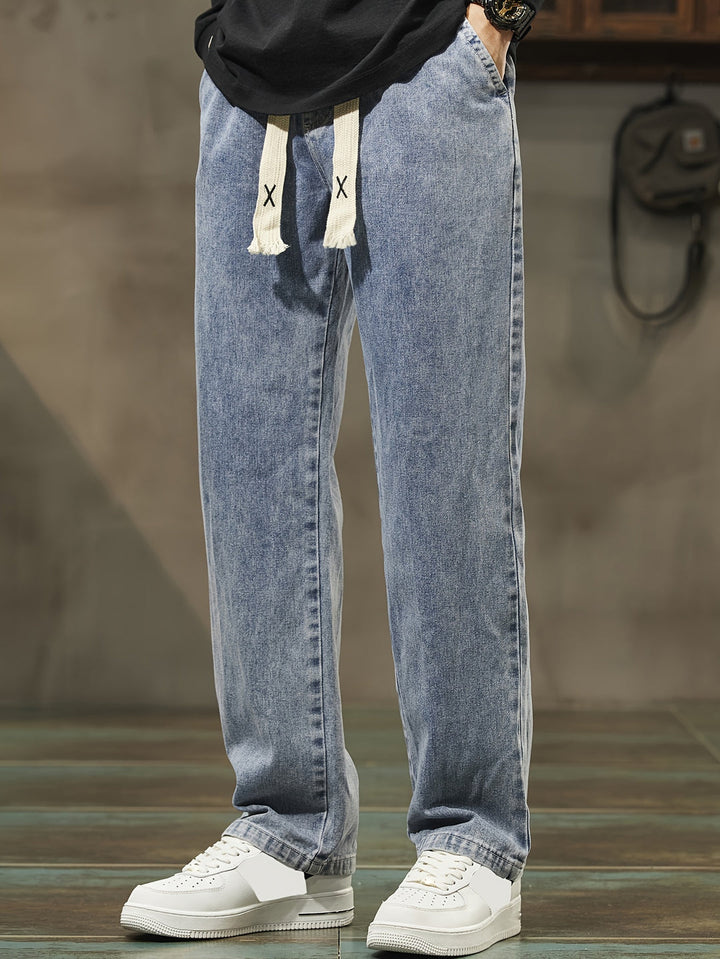 Men's Denim Pants | Washed Look & Drawstring | Straight Leg with Pockets | Casual