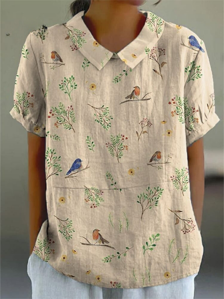 Women's Casual Shirt | Nature Print with Robin Bird | Breathable & Lightweight | Cotton Linen