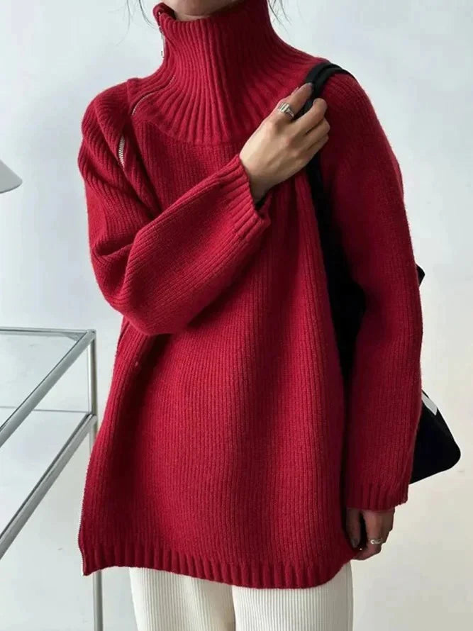 Red High-Neck Sweater for Women | Solid Color | Elegant Fit | Soft & Warm