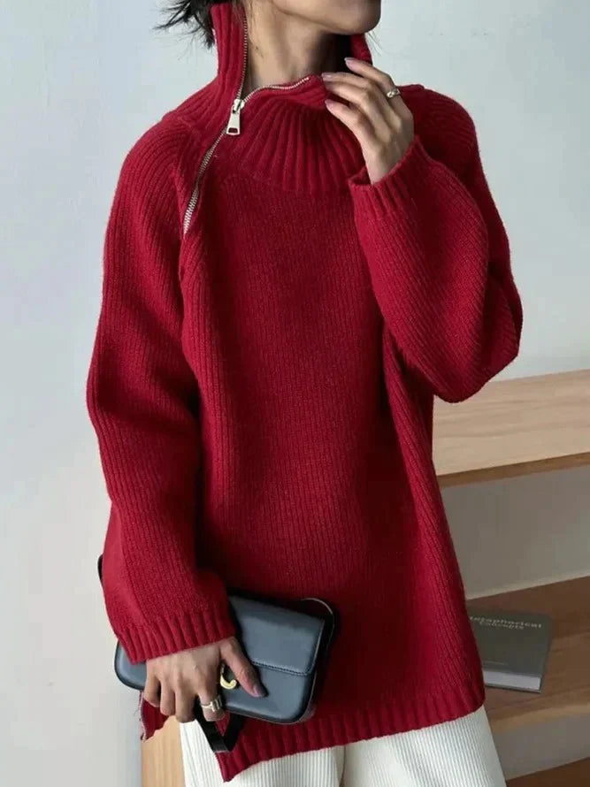Red High-Neck Sweater for Women | Solid Color | Elegant Fit | Soft & Warm