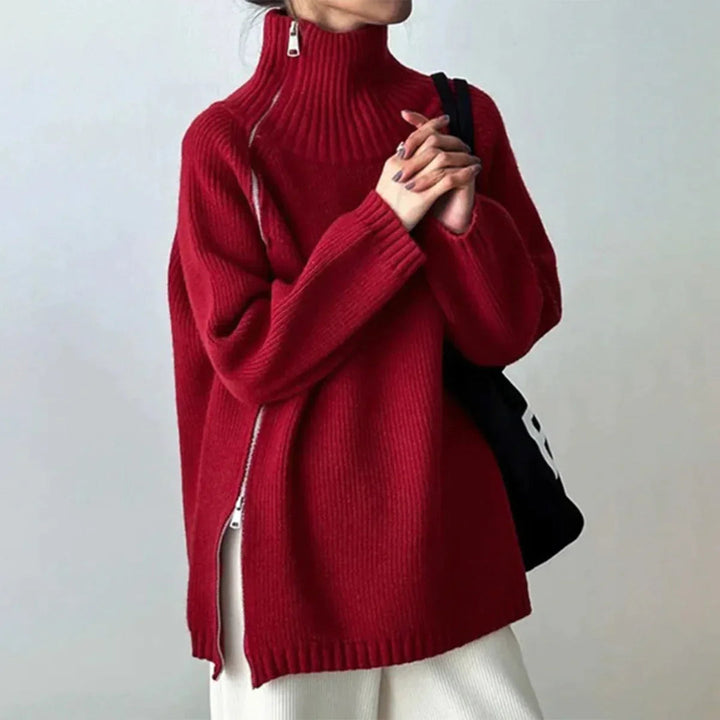 Red High-Neck Sweater for Women | Solid Color | Elegant Fit | Soft & Warm