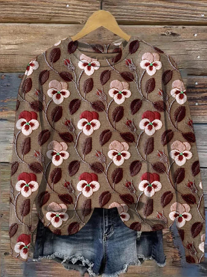 Women's Casual Sweatshirt | Graphic Floral Leaf Print & Embroidery | Elegant & Comfortable