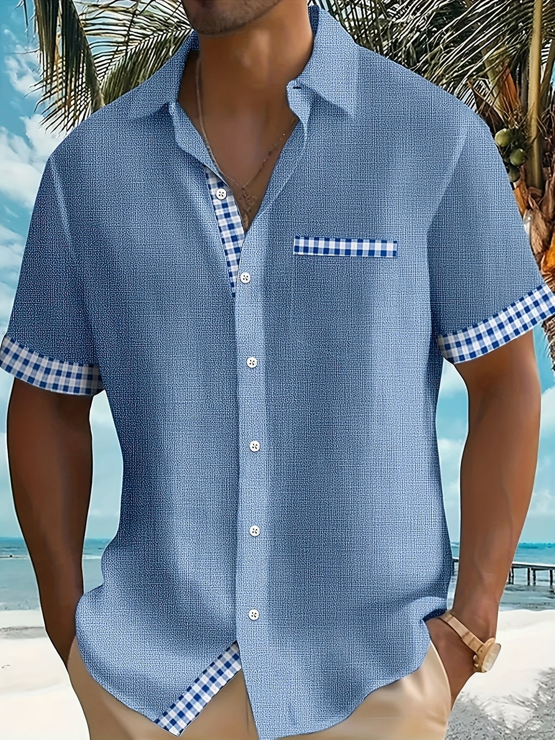 Men’s Shirt | Striped Chest Pocket | Casual Summer Style | Polyester