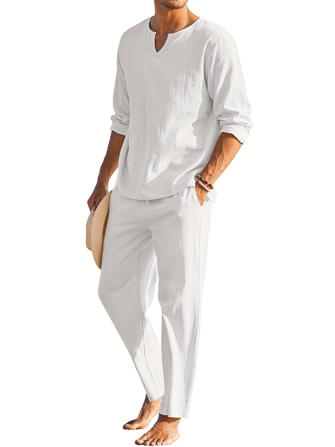 Men’s 2-Piece Set | Henley Shirt & Trousers | Lightweight & Breathable | Cotton-Linen
