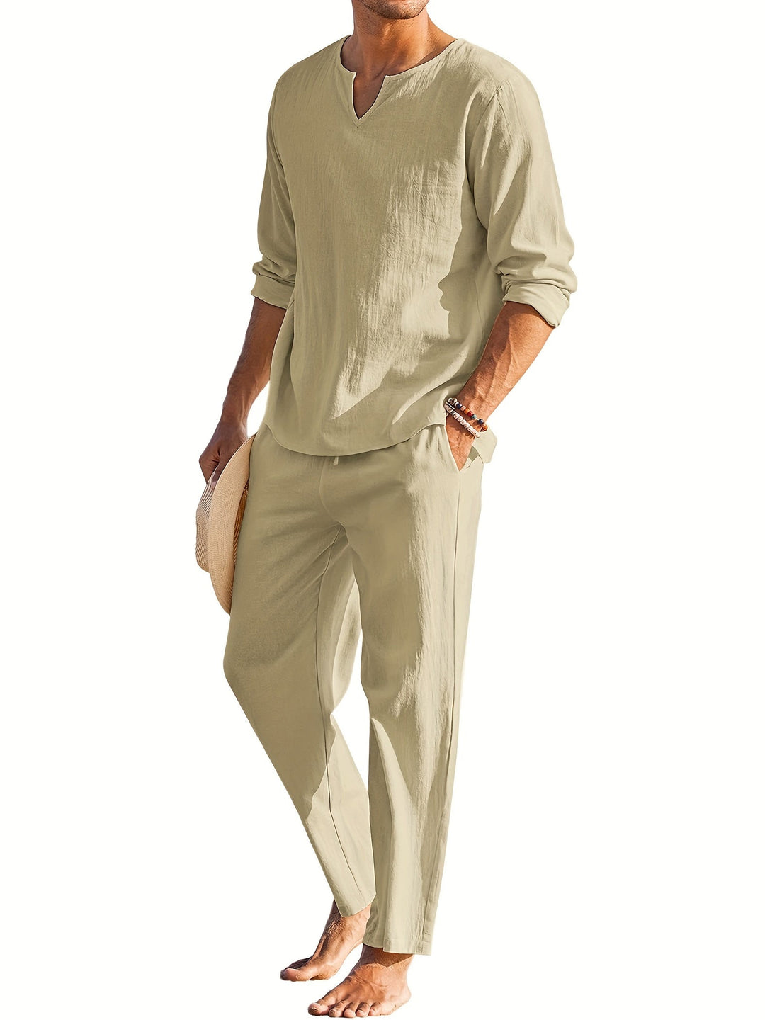 Men’s 2-Piece Set | Henley Shirt & Trousers | Lightweight & Breathable | Cotton-Linen