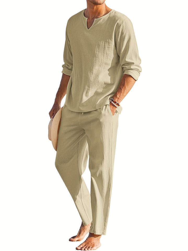 Men’s 2-Piece Set | Henley Shirt & Trousers | Lightweight & Breathable | Cotton-Linen