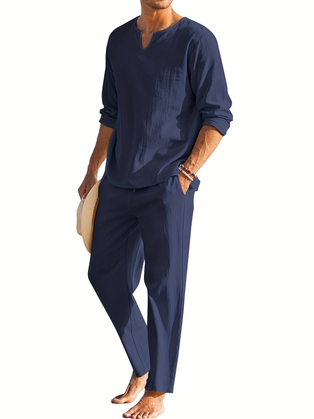 Men’s 2-Piece Set | Henley Shirt & Trousers | Lightweight & Breathable | Cotton-Linen