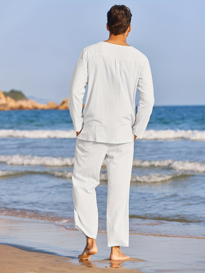 Men’s 2-Piece Set | Henley Shirt & Trousers | Lightweight & Breathable | Cotton-Linen